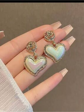 Gold-Tone Heart Drop Earrings with Iridescent White Center